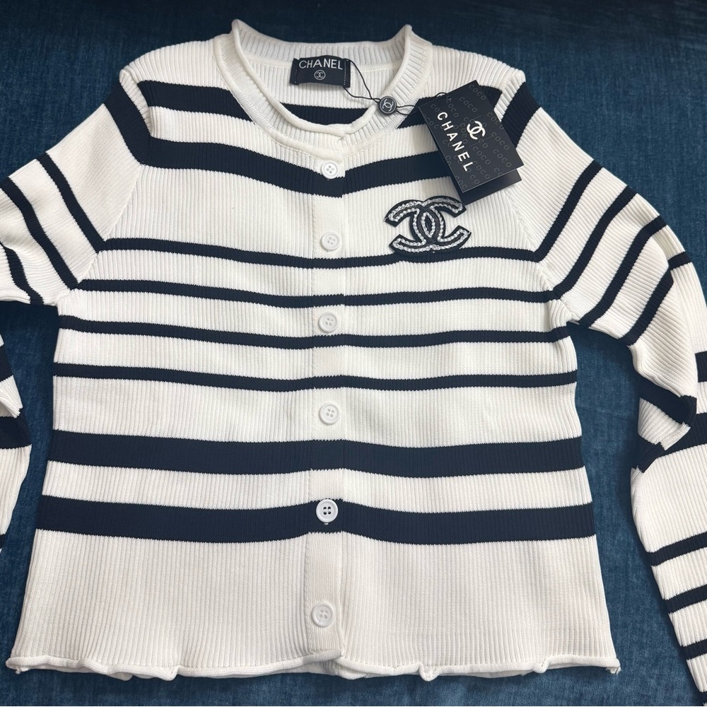 Black and White Ribbed Knit Cardigan
